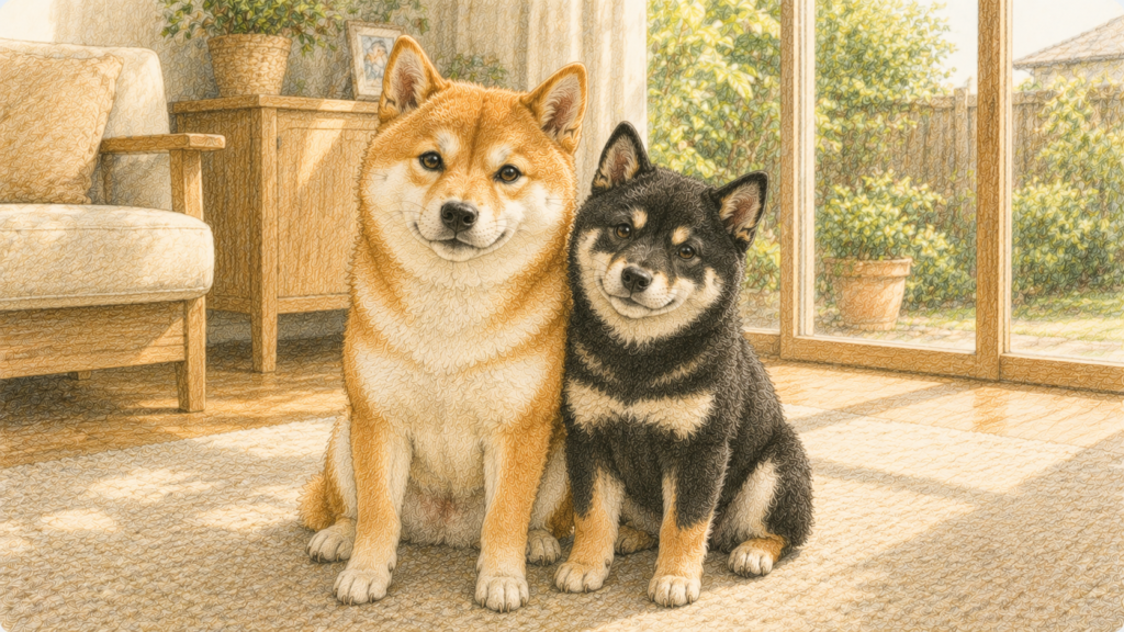 柴犬の多頭飼い 赤柴と黒柴が仲良く並んでいる様子