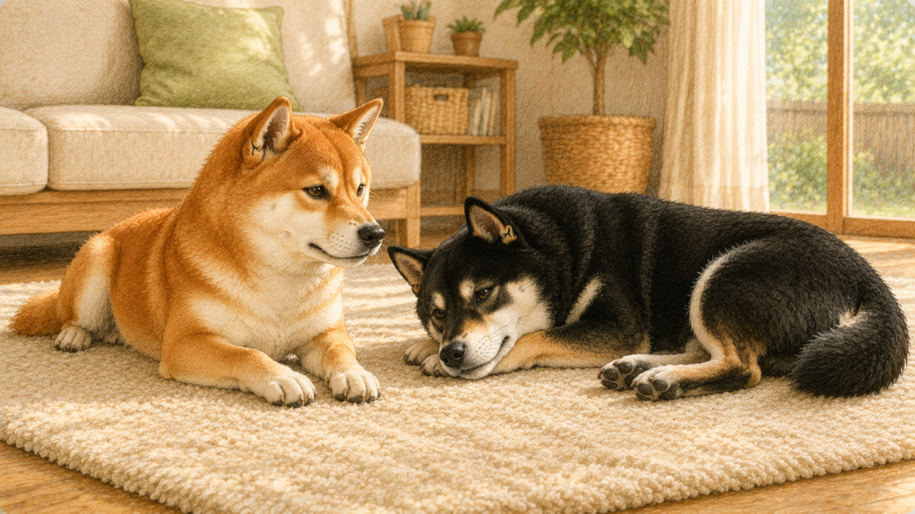 柴犬の多頭飼い 赤柴と黒柴がリビングで仲良く並んでくつろいでいる様子