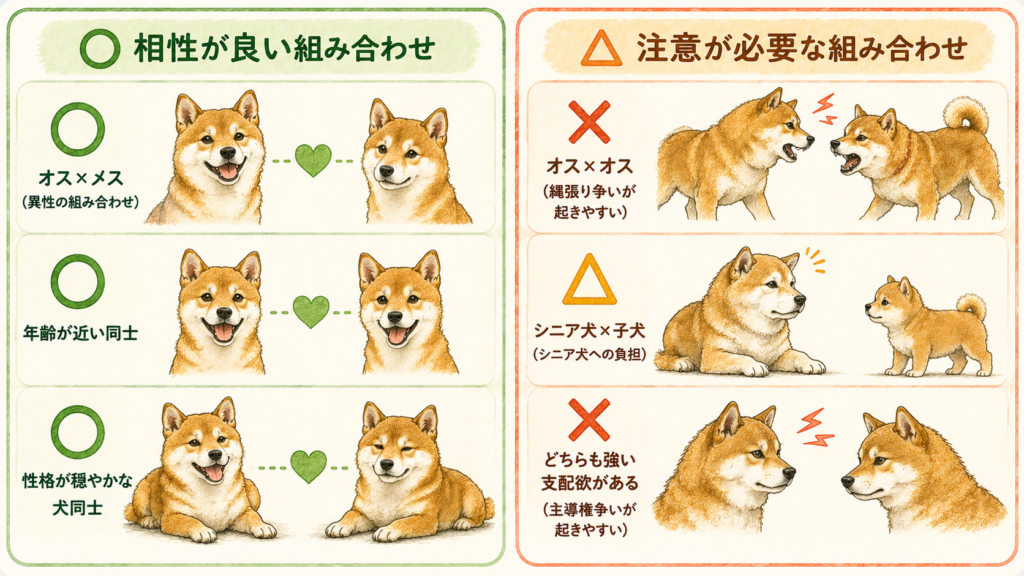 柴犬の多頭飼いの相性一覧 オス×メスや年齢が近い同士は相性が良く、オス×オスや強い支配欲がある犬同士は注意が必要