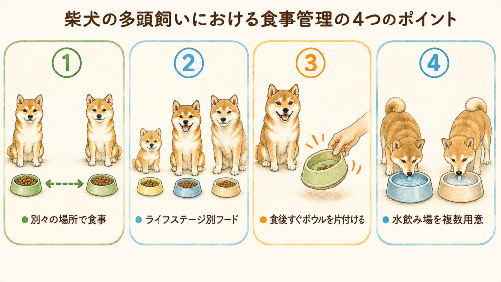 柴犬の多頭飼いにおける食事管理の4つのポイント 別々の場所で食事・ライフステージ別フード・食後すぐボウルを片付ける・水飲み場を複数用意