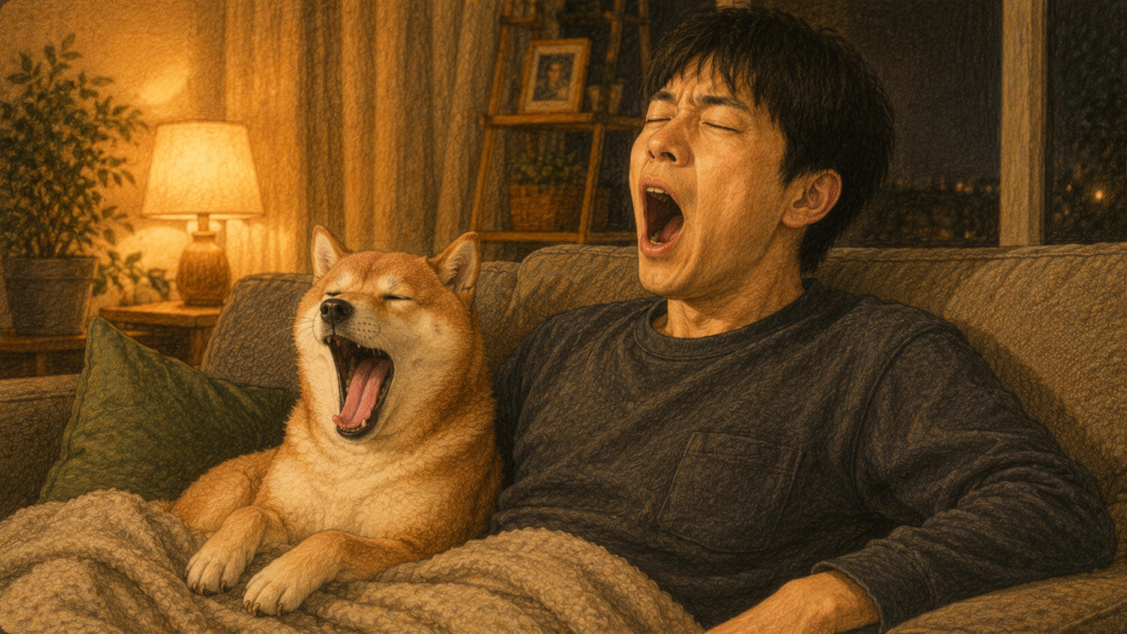 柴犬・銀太と飼い主がソファで並んであくびをしているイラスト